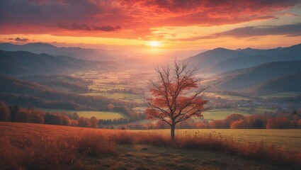 Aufkleber - Stunning autumn morning in the Czech mountains with colorful sky, foggy valleys, and natural tranquility