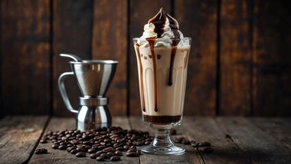 Poster - Whipped cream topped iced coffee frappe in a glass cup resting on a wooden table