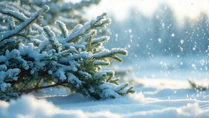 Poster - Winter scenery. Christmas setting featuring snow-laden branches and snowdrifts
