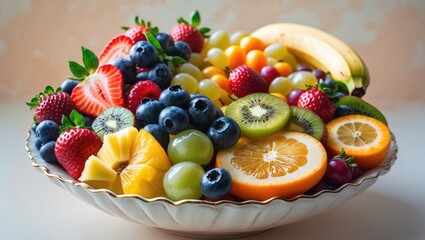 Poster - A bowl filled with fruit salad containing an assortment of vibrant ripe fruits and berries.