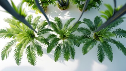 Poster - Bird's-eye view of palm setup alongside tropical leaves against a white backdrop