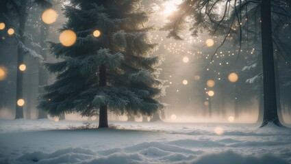Poster - Cold winter forest setting with fir trees, sunlight, and bokeh glow
