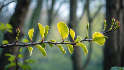Aufkleber - Tree and bush branches featuring buds and early leaves