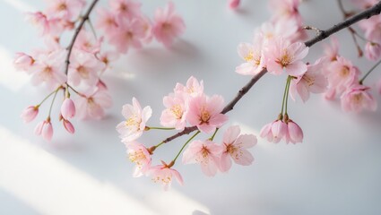 Poster - Springtime almond branches with pink flowers and blossoms isolated on white background