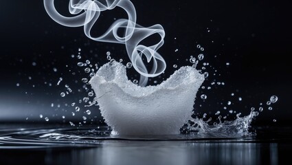 Poster - On a black background, white curly steam ascends while splashing water disperses in various directions