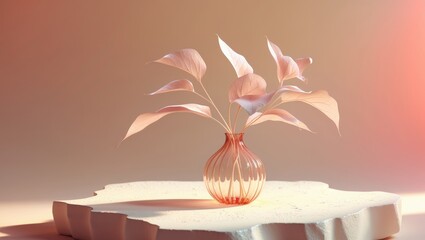 Aufkleber - Vertical image. Product showcase with a glass vase and white podium on a white table set against an orange wall