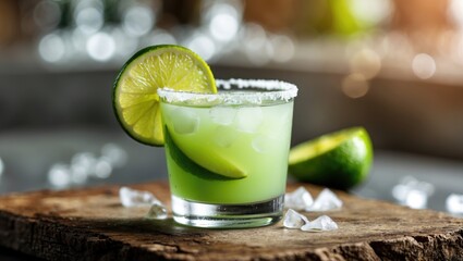 Poster - Traditional revitalizing alcoholic sweet and tart cocktail, spirited Avocado and lime margarita shot with salt