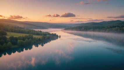 Aufkleber - Bird's-eye view of the lake during beautiful twilight hours outdoors. Hiking concept.