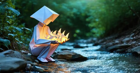 Aufkleber - Origami figure sits near stream. Light emanates from hands holding paper flames. Lush greenery surrounds tranquil scene.
