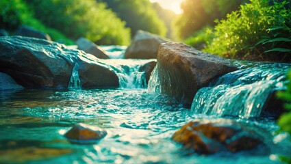 Poster - Calm water cascades over stones, forming a serene environment surrounded by lush foliage and radiant sunlight.