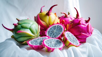 Poster - Aerial view of dragon fruits, whole and chopped, set on a white surface.