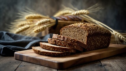 Poster - Homemade sliced rye bread with seeds on a natural wooden background