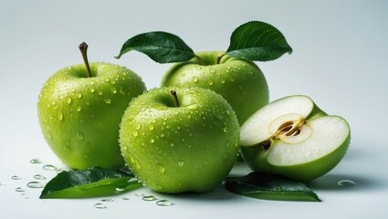 Poster - Green apples accompanied by slices and green leaves set against a white background