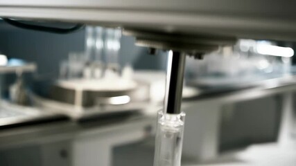 Close up of an advanced technological device with a display screen showing data graphs and a glass container in a laboratory environment.