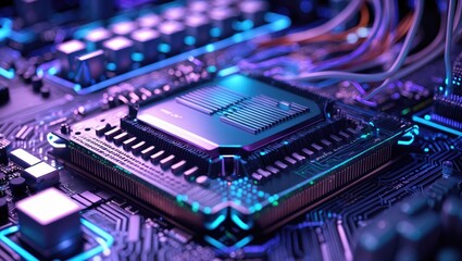 Poster - Advanced CPU. Quantum processor within the computer network. Image of digital cyberspace.