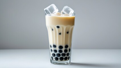 Poster - Single glass of tasty milk bubble tea isolated on white