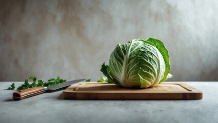 Poster - Fresh cabbage placed on a cutting board, with selective focus.