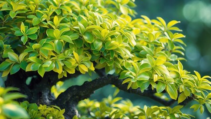 Poster - The bonsai tree's leaves range from yellow to green