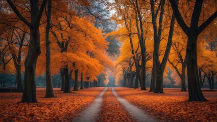 Aufkleber - Picturesque autumn pathway surrounded by colorful leaves and golden trees in a tranquil forest setting