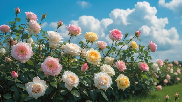 A beautiful natural setting showcasing a field of spring roses.