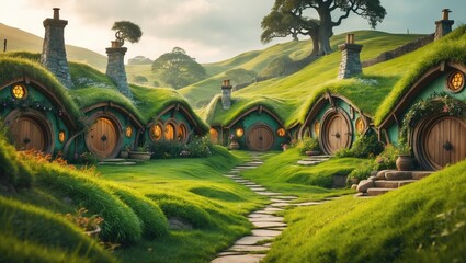 Aufkleber - Hobbit settlement showcasing houses with round windows and doors. The roofs are lush with grass. Photograph