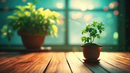 Poster - Blurred window background with a wooden table and plant pot