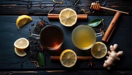 Aufkleber - Lemon, honey, cinnamon, and ginger in black and green tea. Warm beverage.