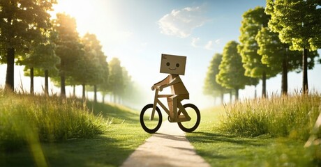 Aufkleber - Cardboard figure rides bicycle down sunny path. Lush greenery surrounds scene, creating peaceful atmosphere. Bright light enhances idyllic setting.