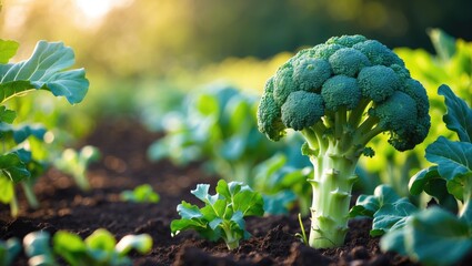 Poster - Young organic broccoli plant thriving in a vegetable garden. Fresh and sweet broccoli. Close-up and side perspective.