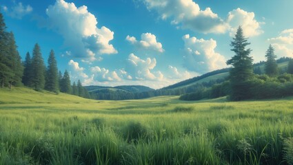Poster - Stunning summer countryside scenery featuring lush grass and wildflowers set against a forest backdrop.