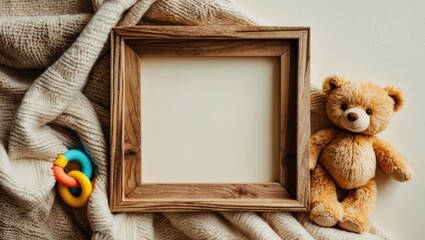 Poster - Empty wooden square frame mockup, frame mockup for artwork, photographs, sayings, flat lay design featuring a blanket, teddy bear, and teether.