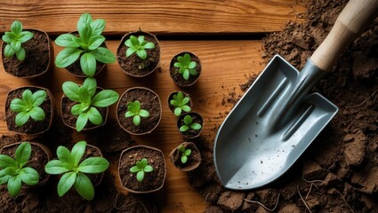 Poster - Gardening shovel and seedlings in peat pots on a wooden background