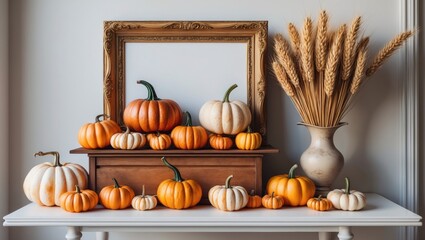 Poster - Interior scene showcasing a picture frame mockup alongside a wooden box of decorative pumpkins and a vase of dried wheat on a white table.