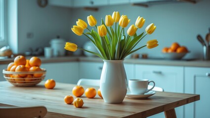Aufkleber - Kitchen table decorated with a vase of vibrant yellow tulips