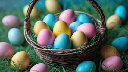 Aufkleber - Pastel eggs in a twig basket resting on the grass