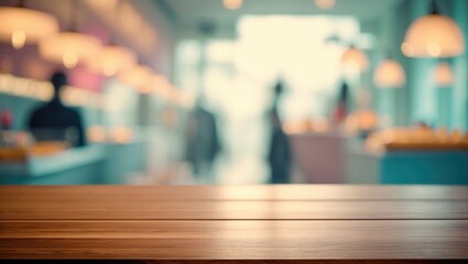 Poster - Deserted step dark wood table top food presentation with blurred figures in the background bokeh light. Layout for product display or montage, marketing banner for online media, business presentation