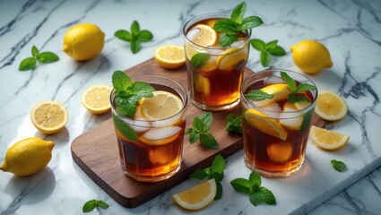 Poster - Refreshing iced tea atop a marble table, overhead view. Area for text