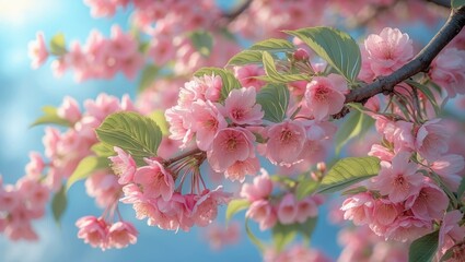 Aufkleber - Pink double-flowered cherry branch with green leaves, set against a blue sky background, detailed close-up