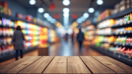 Aufkleber - Market interior showing a wooden table surface, blurred product shelves, and shoppers in the background