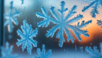 Poster - Macro image of blue texture patterns created by ice crystals on a winter window pane
