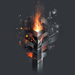Poster - Abstract Geometric Composition with Fiery Element and Futuristic Aesthetics