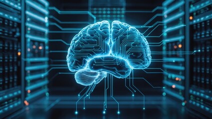 Aufkleber - Circuit board design surrounding a brain on a backdrop. Digital composite, multiple exposure, AI, networking, technology, and network server theme.