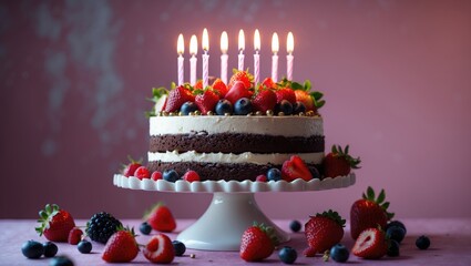 Poster - Birthday cake with chocolate, fresh fruits, berries, and lit candles in the background
