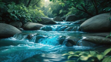 Aufkleber - A serene forest scene with clear water flowing over large rocks.