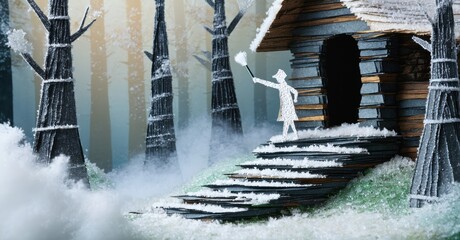 Aufkleber - Winter scene depicts small cabin, snowy forest. Figure stands before steps, holding glowing object. Fog surrounds trees, creating magical atmosphere.