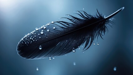 Poster - Profile of a dark feather belonging to a bird, sprinkled with water droplets, showcased on a strikingly lit background.