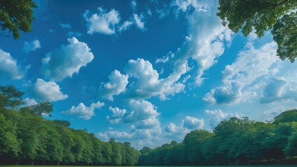 Poster - Sunny day with blue sky and white clouds overlooking a vibrant park scene