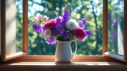 White window featuring a mosquito net in a rustic wooden home. Spring bouquet of hyacinths on the sill.