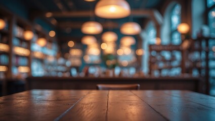 Poster - Wooden Table and Bar Area Featuring a Blurred Urban Store Setting