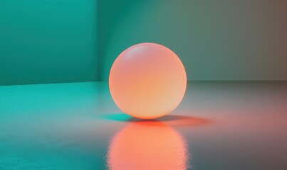 Poster - Glowing sphere on reflective surface, teal and orange background, studio shot, product display